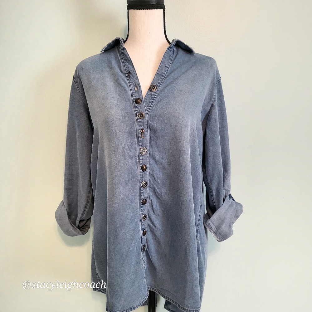 Soft Surroundings Womens Shirt Long Sleeve Denim Button Down Small